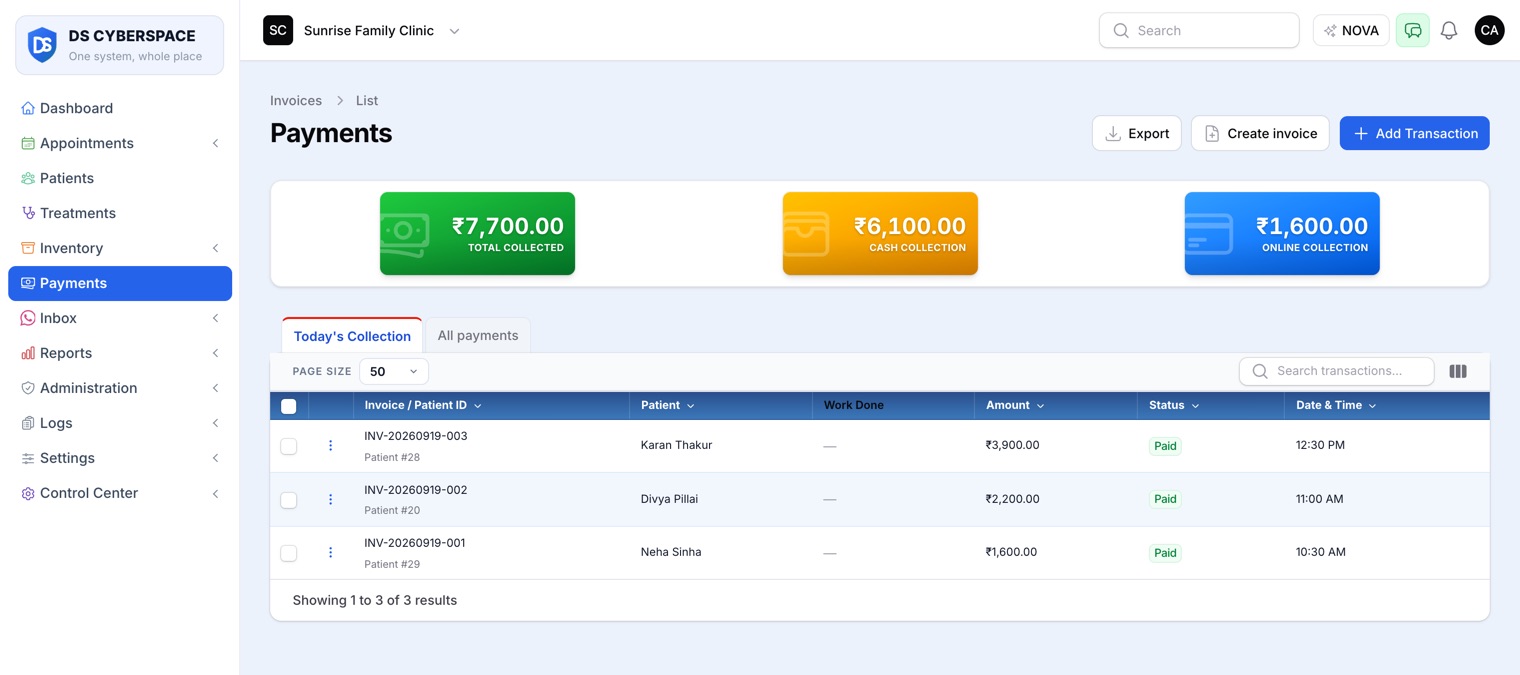 The billing and payments screen