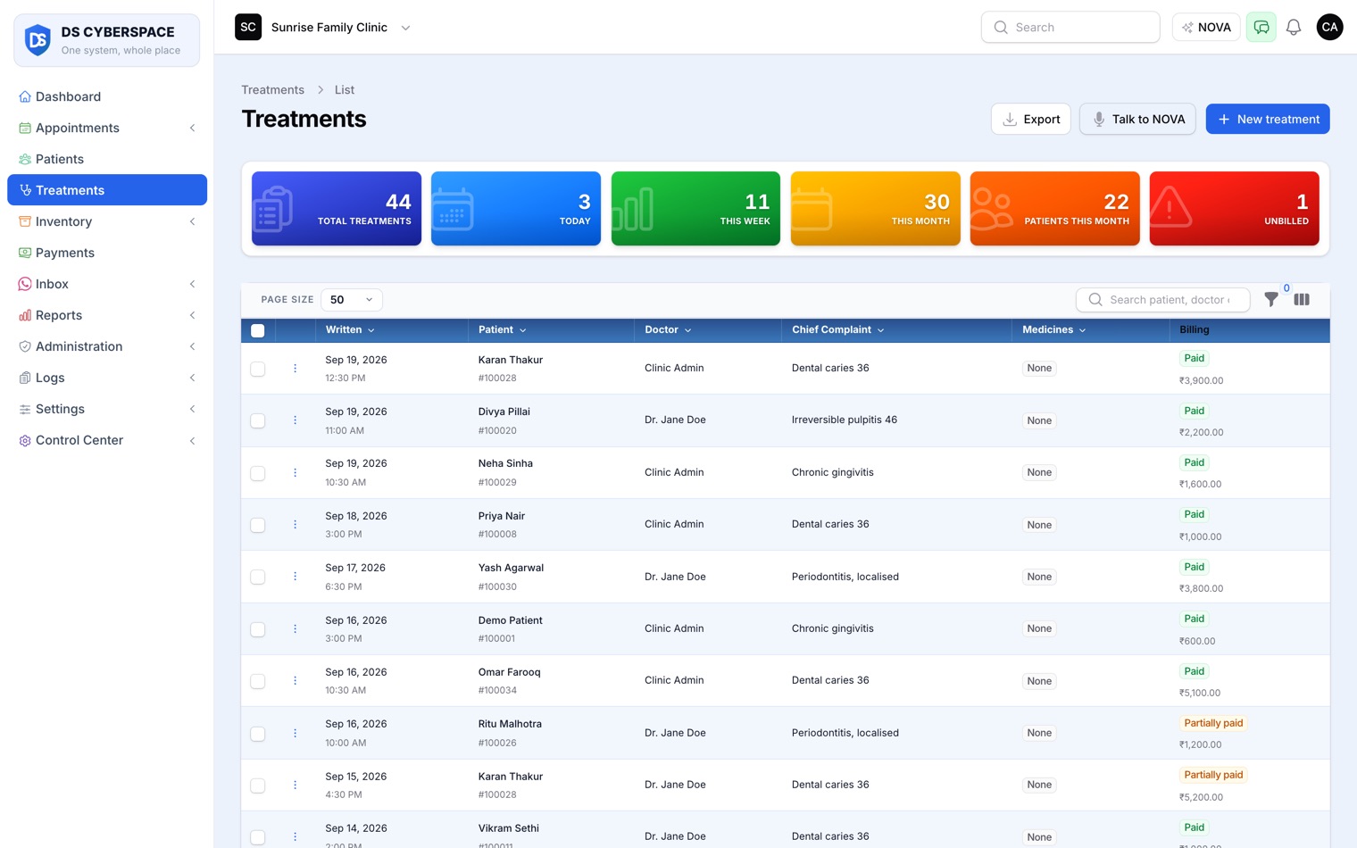 The treatments screen